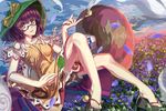  absurdres bell bow brown_eyes brown_hair clog_sandals dress feet flower full_body futatsuiwa_mamizou glasses hair_bow hands hat highres jingle_bell kiseru leaf leaf_on_head legs lips pipe platform_footwear raccoon_tail sandals short_hair sky smile smoke solo tail toes touhou xiaoai 