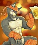  alcohol anthro bandanna beer beverage biceps blue_eyes blush canine claws drink fangs fur grey_fur grin male mammal muscles nude one_eye_closed orange_fur pecs pose sitting smile solo teeth unknown_artist white_fur wink wolf 