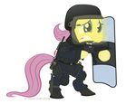  astralbeast clothing english_text equine eyes female fluttershy_(mlp) friendship_is_magic fur green_eyes grenade grimace gun hair helmet horse knee_pads knife mammal mp5 my_little_pony pink_hair plain_background pony radio ranged_weapon sheath shield solo text weapon yellow_fur 