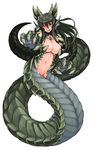  black_hair blush breasts claws cleavage dragon_girl full_body green_hair head_fins horns kenkou_cross lamia large_breasts lizard_tail long_hair looking_at_viewer monster_girl monster_girl_encyclopedia navel official_art outstretched_arm scales simple_background solo tail tongue tongue_out white_background wurm_(monster_girl_encyclopedia) yellow_eyes 
