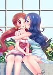  blue_eyes blue_hair blush couple flower hanasaki_tsubomi heartcatch_precure! highres hug kurumi_erika leaf licking long_hair multiple_girls one_eye_closed open_mouth pink_eyes pink_hair plant precure profile senba_hikari short_sleeves sitting sleeveless tongue twintails wavy_hair yuri 