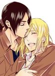  arm_around_neck bad_id bad_pixiv_id black_hair blonde_hair christa_renz closed_eyes couple forehead_kiss freckles happy jacket kiss multiple_girls peeco shingeki_no_kyojin short_hair ymir_(shingeki_no_kyojin) yuri 