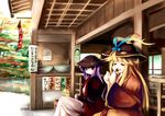  blush closed_eyes hat long_hair multiple_girls open_mouth original purple_eyes purple_hair sitting smile sword tsubasa_(abchipika) weapon 