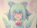  blue_eyes blue_hair bow cirno hair_bow open_mouth smile solo teeth touhou traditional_media watercolor_(medium) wings yuyu_(00365676) 