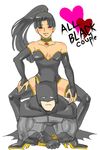  1boy 1girl bare_shoulders batman batman_(series) black_hair boots bound bound_wrists breasts bridal_gauntlets bruce_wayne dc_comics elbow_gloves gloves high_heel_boots high_heels justice_league leotard mask ponytail smile straddling strapless superwoman thigh_boots thighhighs 