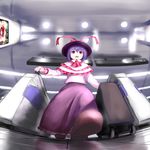  from_below hat hat_ribbon luggage nagae_iku open_mouth purple_hair red_eyes ribbon shawl short_hair smile solo touhou tsubasa_(abchipika) 