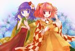  apron bad_id bad_pixiv_id bell character_name checkered clothes_writing flower hair_bell hair_flower hair_ornament hieda_no_akyuu japanese_clothes motoori_kosuzu multiple_girls open_mouth orange_hair purple_eyes purple_hair red_eyes short_hair smile touhou twintails uma_(ninjin_misaki) wide_sleeves 