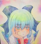  blue_eyes blue_hair bored bow cirno hair_bow highres pout solo touhou traditional_media watercolor_(medium) wings yuyu_(00365676) 