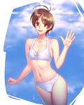  bad_id bad_pixiv_id bikini brown_hair chinmoku_no_nantoka green_eyes kanzaki_hitomi short_hair solo swimsuit tenkuu_no_escaflowne waving 