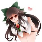  1girl arano_oki black_panties bow brown_hair commentary_request green_bow hair_bow hair_ribbon heart long_hair looking_at_viewer md5_mismatch no_pants panties panty_pull red_eyes reiuji_utsuho ribbon solo touhou underwear undressing very_long_hair 