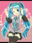  aqua_eyes aqua_hair detached_sleeves hatsune_miku headphones highres long_hair looking_at_viewer necktie ochazuke one_eye_closed open_mouth skirt smile solo star thighhighs twintails vocaloid 