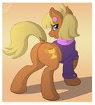  blonde_hair blue_eyes bottomless brown_body brown_fur butt cutie_mark equine female feral friendship_is_magic fur hair hi_res horse looking_back mammal ms_harshwhinny_(mlp) my_little_pony pony pose skipsy solo 