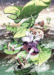  asakura_masatoki blonde_hair boots frog hat highres leaf moriya_suwako open_mouth rain short_hair skirt skirt_set solo thighhighs touhou white_legwear wide_sleeves yellow_eyes 