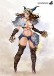  blue_eyes breasts brown_hair claws curvy highleg hips horns kingdom_death lantern large_breasts lokman_lam navel red_hair revealing_clothes thighhighs thighs underboob wide_hips 