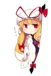  :3 blonde_hair blush bow evil_smile gap hair_bow hat heart highres impossible_clothes jitome long_hair looking_at_viewer mob_cap peeking red_eyes ribbon shuzi smile solo touhou translated white_background yakumo_yukari 