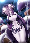  bangs blush breasts butter-t cleavage come_hither curvy elbow_gloves gloves groin hair_over_one_eye hat kraken_(monster_girl_encyclopedia) large_breasts long_hair looking_at_viewer monster_girl monster_girl_encyclopedia narrow_waist navel night ocean pale_skin purple_eyes purple_hair pussy scylla sidelocks smile solo squid suction_cups tentacles text_focus thigh_gap translated wide_hips 