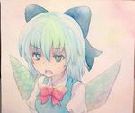  blue_eyes blue_hair bow cirno hair_bow highres open_mouth solo touhou traditional_media watercolor_(medium) wings yuyu_(00365676) 