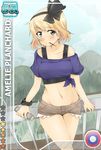  amai_nekuta amelie_planchard blonde_hair blush character_name collarbone crescent crescent_earrings earrings food green_eyes hair_ribbon jewelry midriff mountain mouth_hold navel pocky ribbon scrunchie short_hair short_shorts shorts smile solo star stomach strike_witches undershirt world_witches_series 