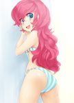  ass bad_deviantart_id bad_id blue_eyes blush bra breasts curly_hair ears eyes_visible_through_hair fingers highres long_hair looking_at_viewer medium_breasts my_little_pony my_little_pony_friendship_is_magic panties personification pink_hair pinkie_pie rabioque solo striped striped_bra striped_panties underwear underwear_only wall 