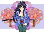  black_hair blue_eyes blush japanese_clothes katana long_hair original sarashi seiza shichouson sitting smile solo sword uchiko weapon weapon_stand 