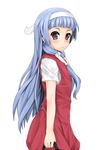  bag bangs blue_hair blush hair_tubes hairband highres kannagi long_hair looking_at_viewer nagi purple_eyes purple_hair school_uniform solo tilapiacanth 