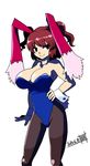  animal_ears black_legwear blue_leotard bow bowtie breasts bunny_ears bunny_tail bunnysuit cleavage detached_collar fake_animal_ears hair_bobbles hair_ornament large_breasts leotard nohashi_(travel_frontier) onozuka_komachi pantyhose red_eyes red_hair short_hair smile solo tail touhou two_side_up wrist_cuffs 