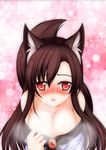  animal_ears bare_shoulders blush breasts brooch brown_hair cleavage dress heavy_breathing highres imaizumi_kagerou in_heat jewelry large_breasts long_hair minaha_(playjoe2005) red_eyes solo tail tears touhou traditional_media very_long_hair wall-eyed wolf_ears wolf_tail 
