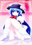  blue_hair feet food fruit hat hinanawi_tenshi long_hair looking_at_viewer panties peach pov_feet red_eyes sitting solo touhou tsubasa_(abchipika) underwear white_panties 