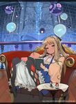  absurdres argyle argyle_legwear armchair bad_id bad_pixiv_id blonde_hair bloomers blue_dress blue_eyes book chair constellation dennou_pandemic dress highres izuru_(timbermetal) knees_up library long_hair looking_at_viewer mouth_hold no_shoes pantyhose pillow sitting solo table underwear watermark 