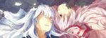  blue_hair bow closed_eyes fujiwara_no_mokou grey_hair kamishirasawa_keine long_hair multiple_girls red_eyes shuzi smile touhou 