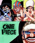  1girl 3boys black_hair blue_hair caesar_clown copyright_name disguise dressrosa earrings facial_hair fake_mustache fighting_stance hat headphones helmet highres hood jewelry marker_(medium) multiple_boys mustache nico_robin one_piece slingshot sunglasses takatin title_drop traditional_media trafalgar_law usopp weapon 