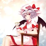  ascot bow brooch chair cup dress fang hat jewelry junior27016 looking_at_viewer red_eyes remilia_scarlet short_hair silver_hair sitting solo teacup touhou wrist_cuffs 