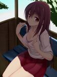  blush bra breasts brown_hair cleavage fanning highres lace lace-trimmed_bra large_breasts legs long_hair looking_at_viewer matsumi_kuro miniskirt pink_bra pleated_skirt purple_eyes saki saki_achiga-hen sengoku_aky sitting skirt solo sweat thighs underwear very_long_hair 