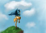  ambigous_gender back_turned barefoot blue_feathers butt cloud clouds feathers felixspeagel hippogryph hooves jumping looking_away outside wings 