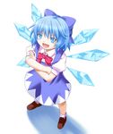  beni_(bluebluesky) blue_eyes blue_hair cirno crossed_arms from_above hair_ribbon ice ice_wings ribbon solo touhou wings 