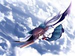  arm_cannon brown_hair cape cloud flying outstretched_arms red_eyes reiuji_utsuho sky smile solo spread_arms touhou tsubasa_(abchipika) weapon wings 