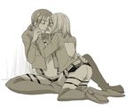  bad_id bad_pixiv_id blush christa_renz closed_eyes freckles full_body holding_hands jacket kneeling monochrome multiple_girls paradis_military_uniform shingeki_no_kyojin short_hair sitting takanono ymir_(shingeki_no_kyojin) 