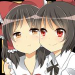  :t black_hair blush bow brown_eyes cheek-to-cheek hair_bow hair_tubes hakurei_reimu hat multiple_girls ochazuke red_eyes shameimaru_aya short_hair smile tokin_hat touhou 