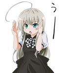  &gt;_&lt; ahoge checkered closed_eyes dress green_eyes haiyore!_nyaruko-san highres huge_ahoge long_hair nyarlathotep_(nyaruko-san) open_mouth silver_hair simple_background taiyou_iwaku_moe_yo_chaos thighhighs tsubasa_(abchipika) white_background 