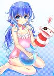  ameyoshi blue_eyes blue_hair bunny casual_one-piece_swimsuit date_a_live hand_puppet highres one-piece_swimsuit puppet sitting stuffed_animal stuffed_bunny stuffed_toy swimsuit wariza yoshino_(date_a_live) yoshinon 