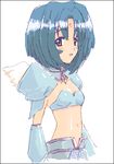  .hack//sign 1girl angel_wings blue_hair brown_eyes detached_sleeves kurou_(niconicorin) lowres midriff oekaki short_hair smile solo subaru_(.hack//) wings 