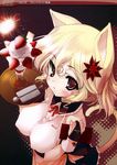  absurdres animal_ears blonde_hair breasts cat_ears copyright_request covered_nipples food fruit highres large_breasts red_eyes solo spoon strawberry tail tray urotan waitress 