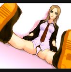  bad_id bad_pixiv_id blonde_hair dutch_angle foreshortening green_eyes letterboxed mustard_seeds necktie no_pants original panties short_hair sitting sleeves_rolled_up solo spread_legs underwear yuuji_(and) 