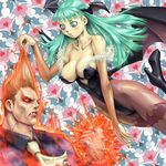  1girl animal_print bat_print bat_wings breasts cleavage demitri_maximoff green_eyes green_hair kari_(artist) large_breasts morrigan_aensland pantyhose print_legwear vampire_(game) wings 