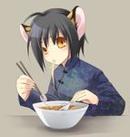  ahoge allegretto_(pixiv) animal_ears bad_id bad_pixiv_id bowl changpao chinese_clothes chopsticks copyright_request eating food food_in_mouth holding holding_spoon kamaboko narutomaki noodles ramen solo soup spoon tiger_ears yellow_eyes 