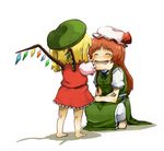  :d ^_^ barefoot beret blonde_hair blush bow braid cheek_pinching child china_dress chinese_clothes closed_eyes dress fingersmile flandre_scarlet green_dress hat hat_bow headwear_switch hong_meiling katayudetamago long_hair mob_cap multiple_girls one_side_up open_mouth pinching red_hair short_hair side_slit simple_background skirt skirt_set smile squatting tears touhou twin_braids white_background wings 