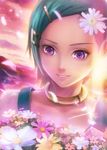  eureka eureka_seven eureka_seven_(series) evening face flower green_hair hair_flower hair_ornament hairclip petals purple_eyes short_hair smile solo zhenlin 