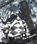  arm_cannon bad_id bad_pixiv_id belt bikini_top black_hair black_rock_shooter black_rock_shooter_(character) blue_eyes boots burning_eye chain checkered debris flat_chest front-tie_top gloves gun hood jacket katana knee_boots long_hair midriff pale_skin satogo scar short_shorts shorts solo star sword twintails uneven_twintails very_long_hair weapon zipper 