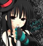  akiyama_mio bad_id bad_pixiv_id bangs banned_artist black_hair blunt_bangs don't_say_&quot;lazy&quot; dress facepaint fingerless_gloves gloves hat hime_cut k-on! long_hair microphone microphone_stand mini_hat mini_top_hat shikano_sumiaki solo striped striped_gloves top_hat 