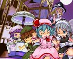  5girls ^_^ bad_id bad_pixiv_id bat_wings blonde_hair blue_eyes blue_hair book braid closed_eyes hairband hat hong_meiling izayoi_sakuya kirisame_marisa multiple_girls patchouli_knowledge purple_eyes purple_hair remilia_scarlet short_hair silver_hair touhou twin_braids wings witch_hat 